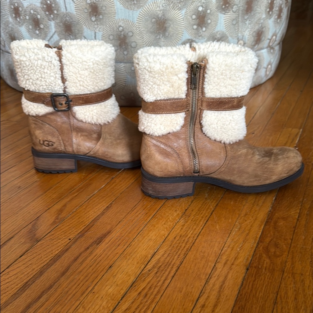 UGG Brown Leather and Cream Fur Winter Boots Woman 8 - Picture 5 of 9